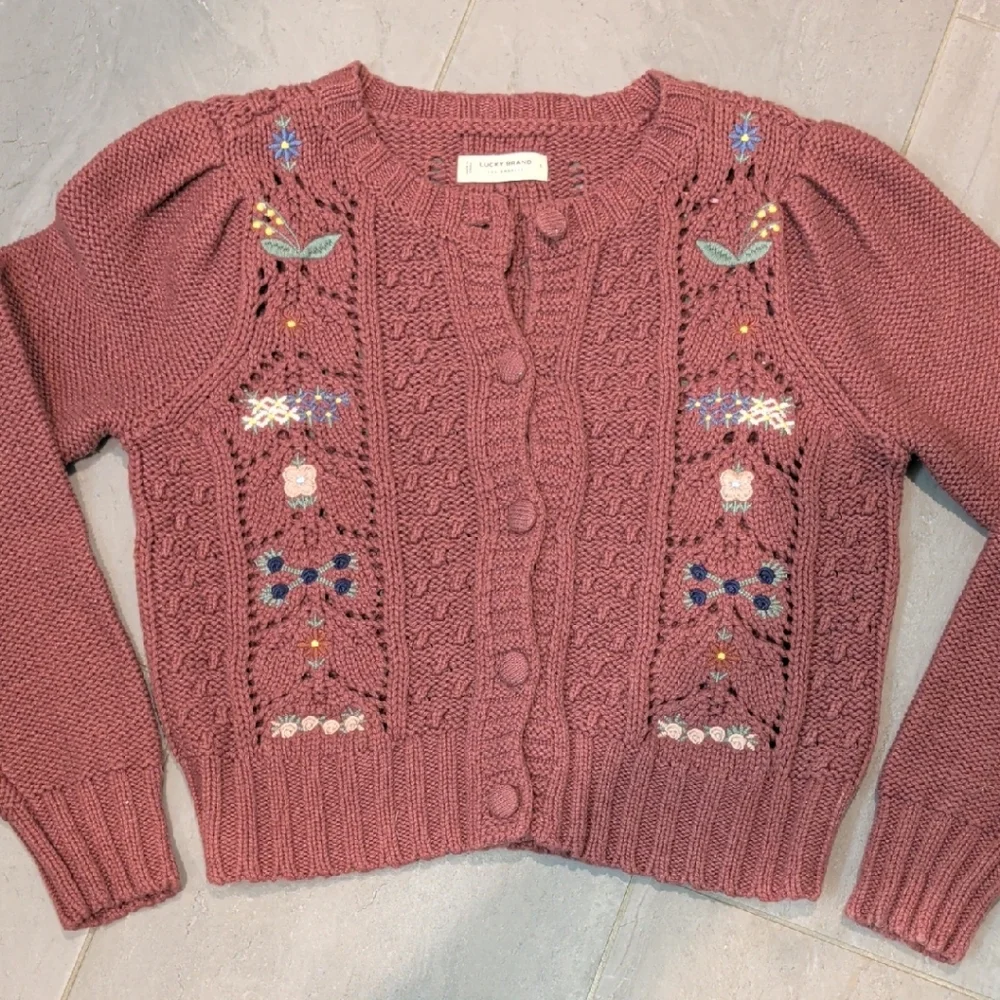 Lucky Brand Dusty Rose Embroidered Cable Knit Cardigan